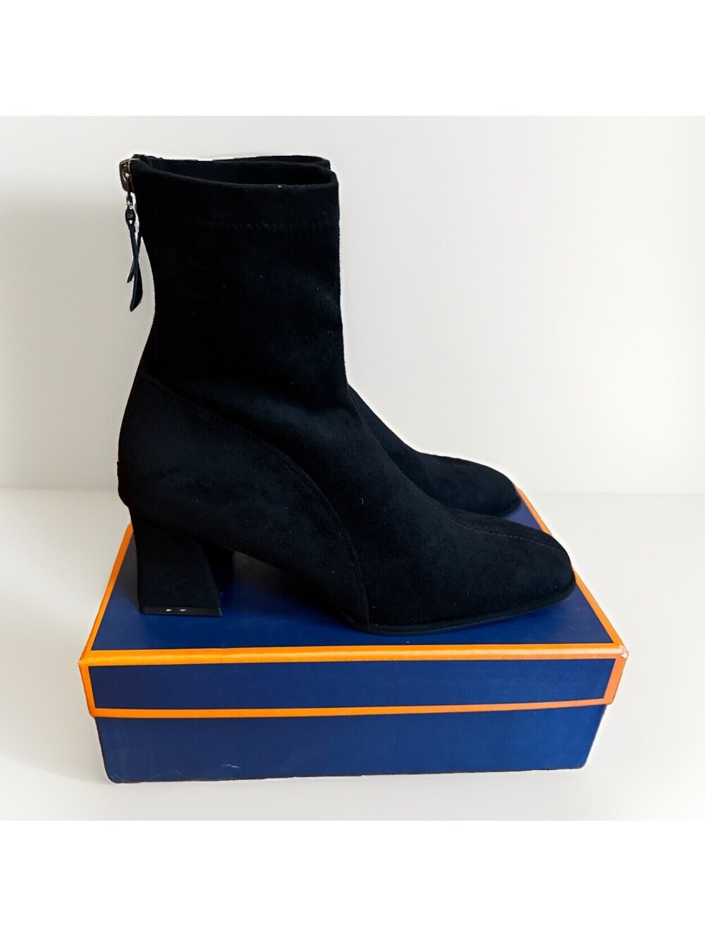 New Trakxy Black Faux Suede Block Heel Square Toe Ankle Boots Ladies 9
